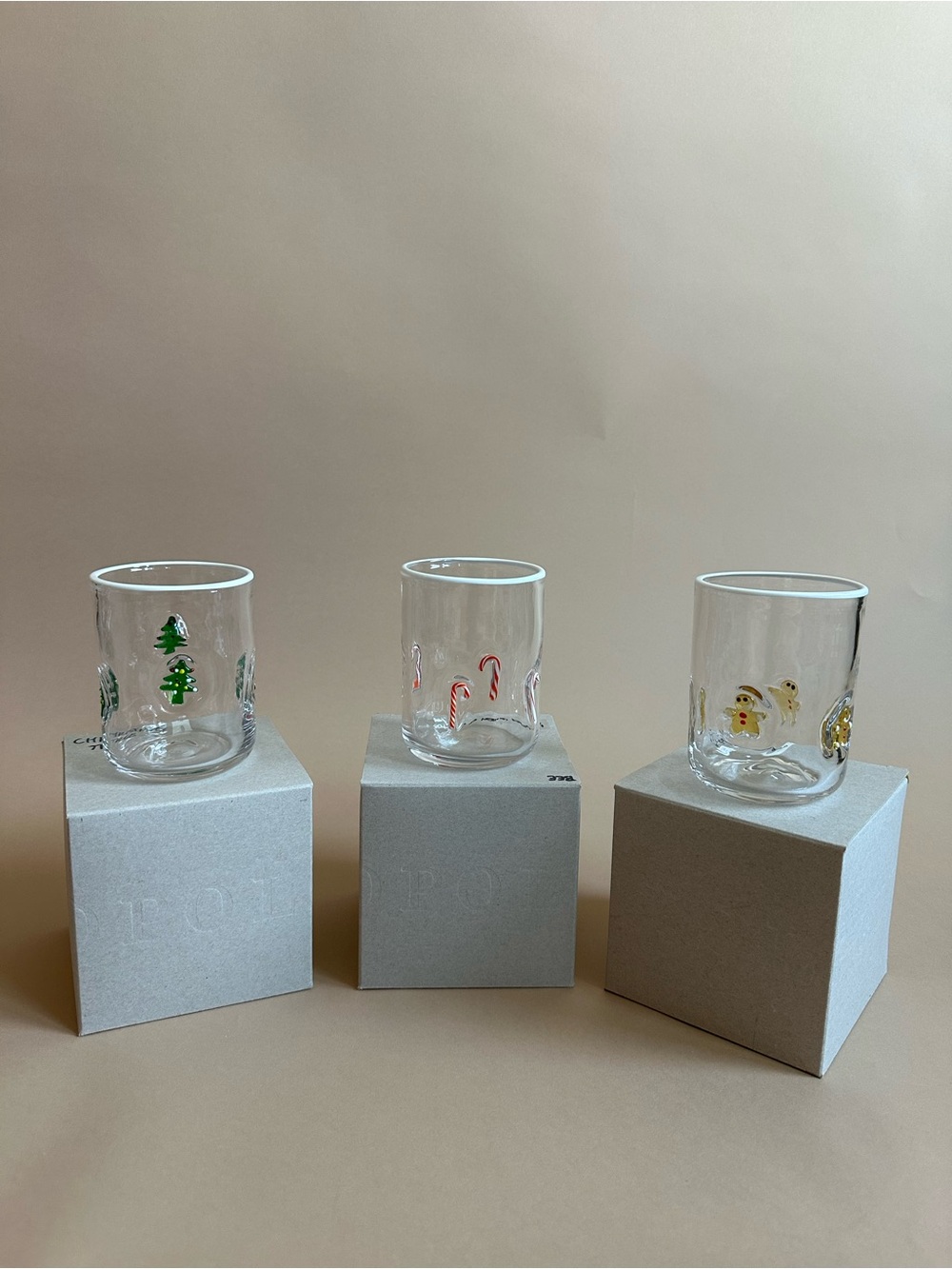 Anthropologie Icon Juice Glass Christmas 3 Set Gingerbread Man Tree Candy Cane